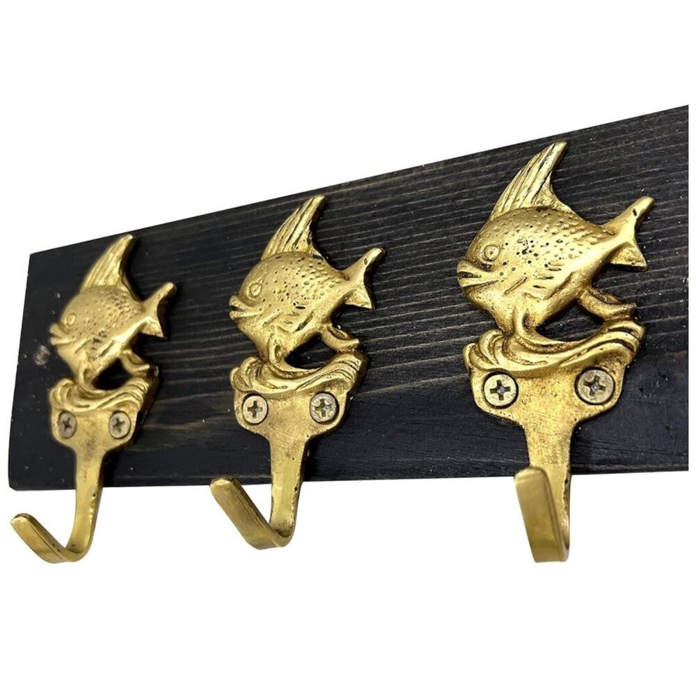 Wall Mounted Keys Hanger Rectangle Black Wood Gold Fish Shape Hook Foyer Decor
